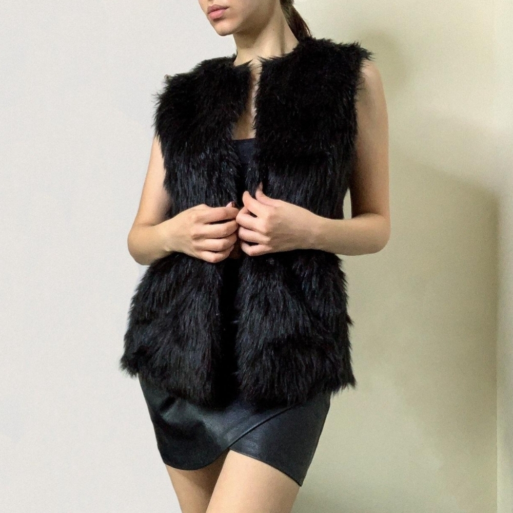 Express Black Full Zip Fur Vest